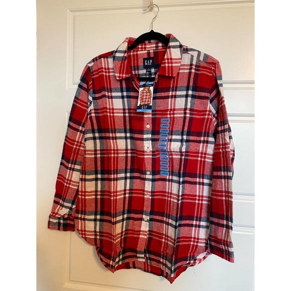 NEW Gap Women’s Red-Plaid Boyfriend Flannel Button Up Shirt L Large - Picture 1 of 5